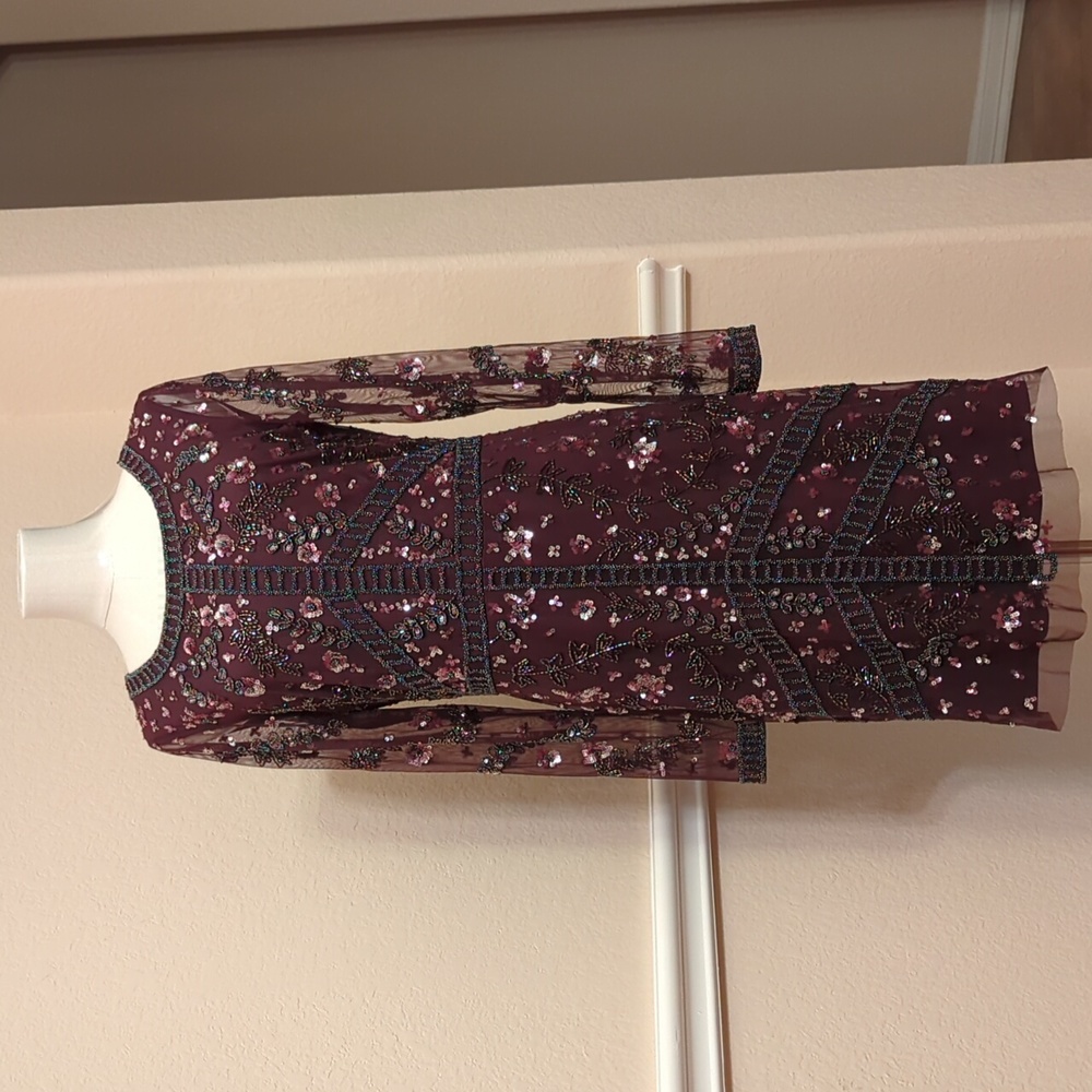 Adrianna Papell Maroon Floral Long Sleeve Dress
